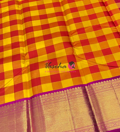 Pure Vintage Korvai Kanchipuram Silk Saree - Pazhum Pazhamum Checks - VVPS061