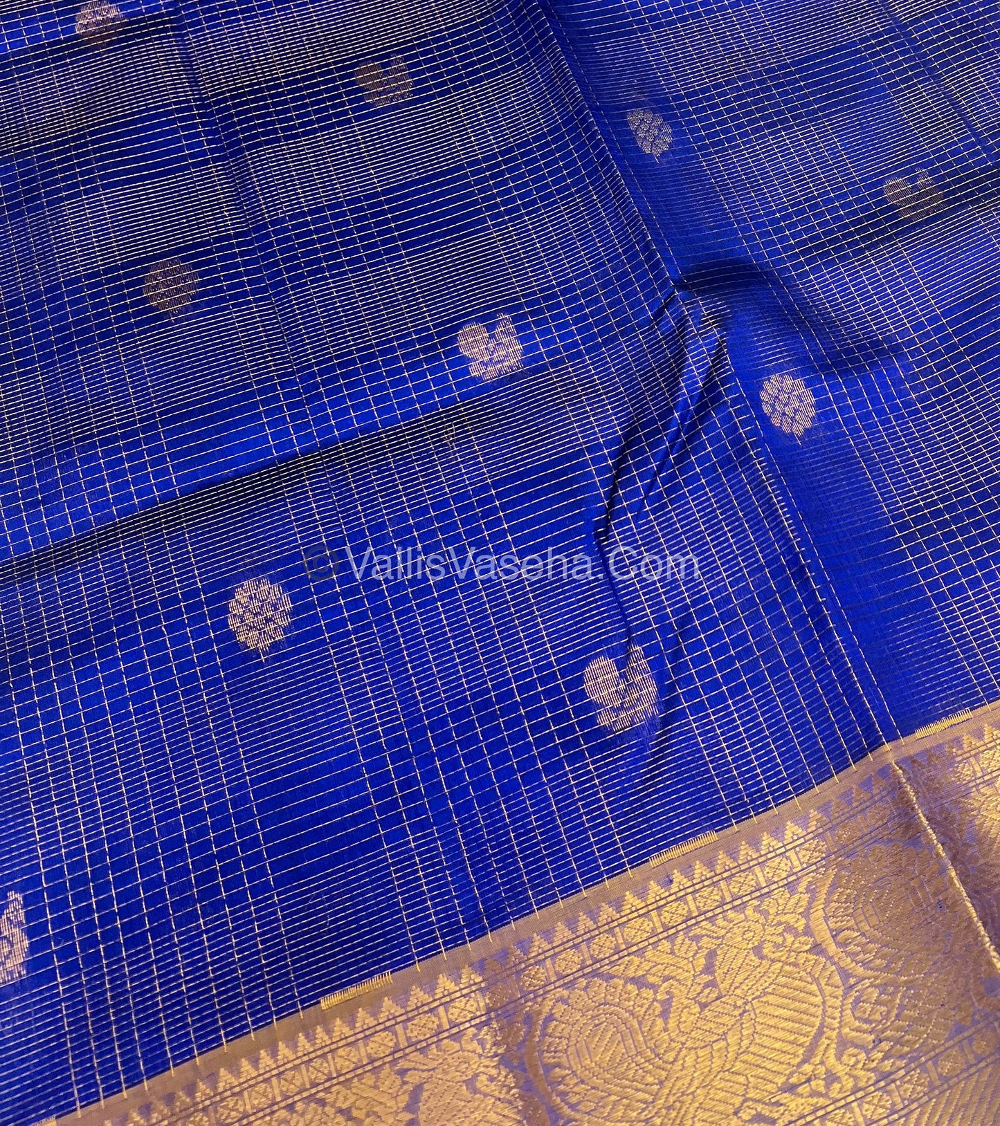 Pure Silk Cotton Saree - Vairavoosi checks - Mayil & Chakkaram - Blue With Peach - VVMCV001