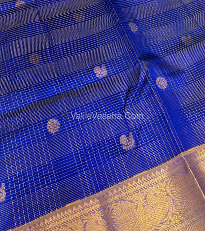 Pure Silk Cotton Saree - Vairavoosi checks - Mayil & Chakkaram - Blue With Peach - VVMCV001