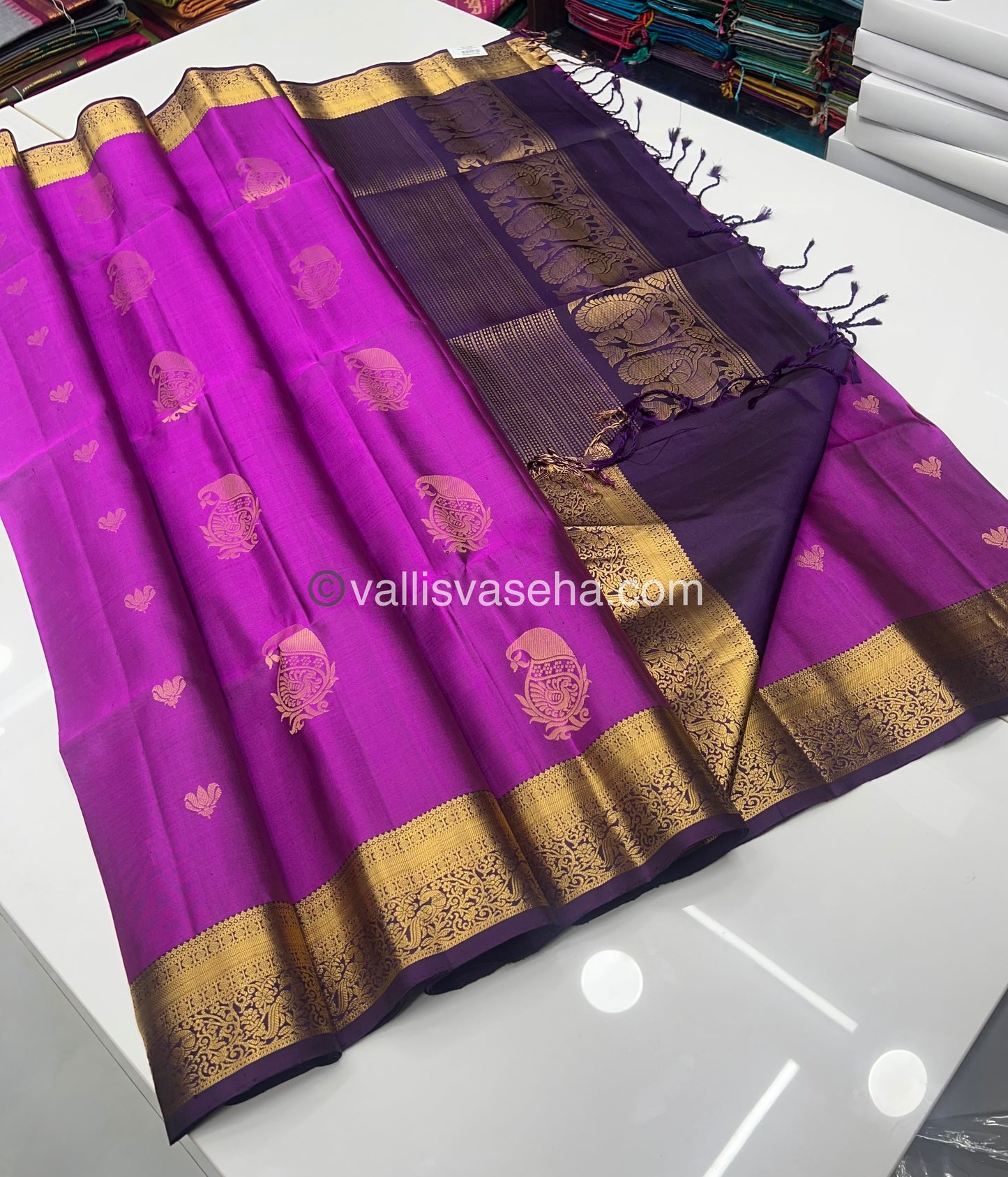 Pure Soft Silk Saree - Kanchi Border - Purplish Pink & Dark Purple Combo - VVPSS046