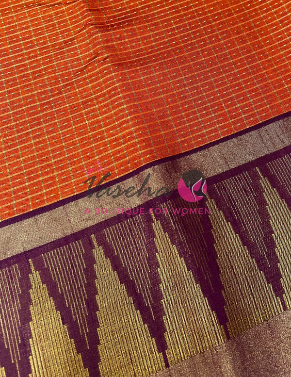 Semi Raw Silk - Lakshadeepam Design - Rust Orange With Dark Purple Shade - VVRS008