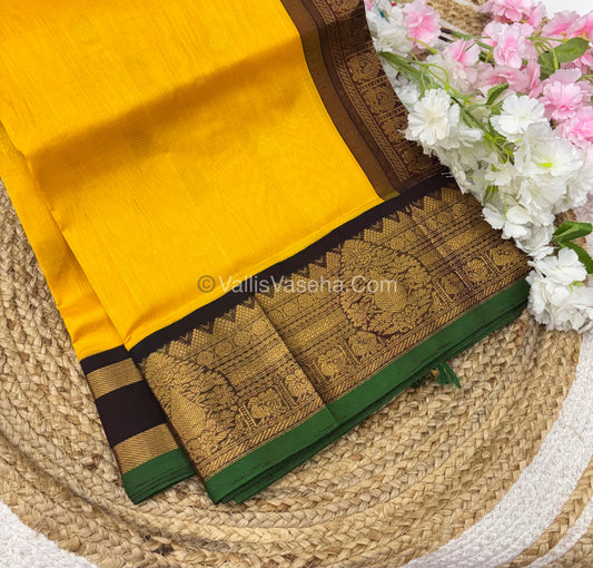 Pure Korvai Silk Cotton Saree - Yellow with Brown - VVKSC019