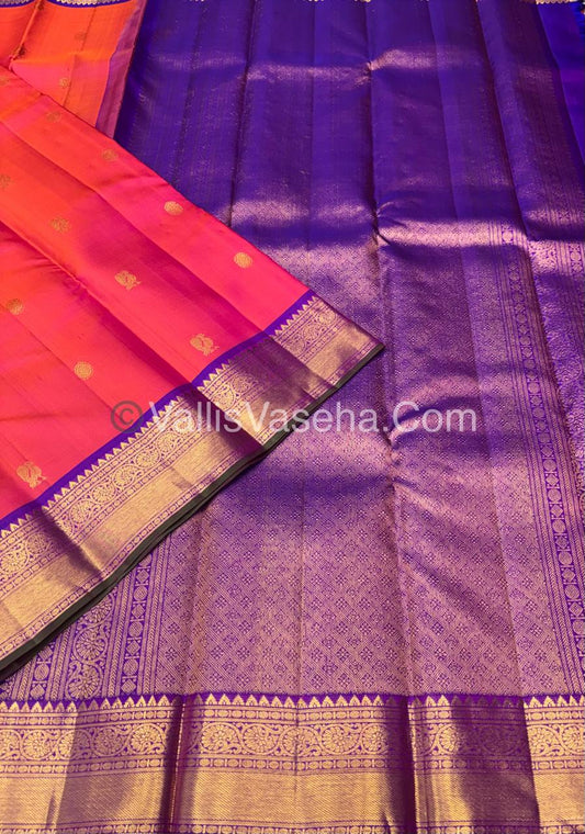 Pure Kanchipuram Silk Saree - Peachish Pink & Purple Shade  - VVPS022