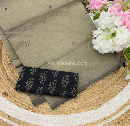 Poly Silk Mixed Cotton - Mirror Work Embroidery - Beige with Black - VVPCM001