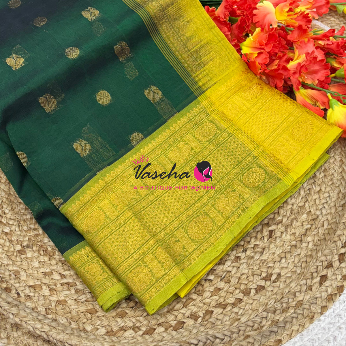 Pure Korvai Silk Cotton  -  Kanchi Border - Green With Yellow Shade - VVKSC032