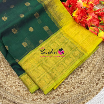 Pure Korvai Silk Cotton  -  Kanchi Border - Green With Yellow Shade - VVKSC032