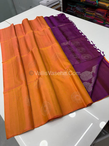 Pure Soft Silk Saree - Dupion Weaving - Peachish Orange & Purple Shade - VVPSS065