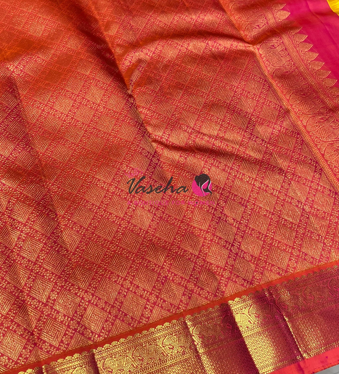 Pure Vintage Korvai Kanchipuram Silk Saree - Yellow With Peachich Orange - VVPS063