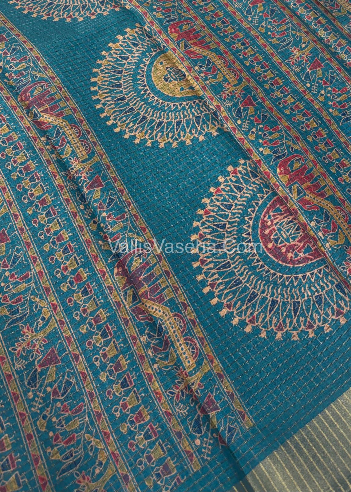 Light Weight Fancy Mixed Kota Cotton - Varli Design Printed Saree - Ramar Blue Shade - VVKPC001
