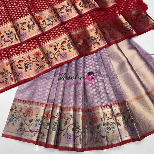 Unstitched - Lehenga Material - Zari Kota Tissue - Lavender & Red - VVULM001