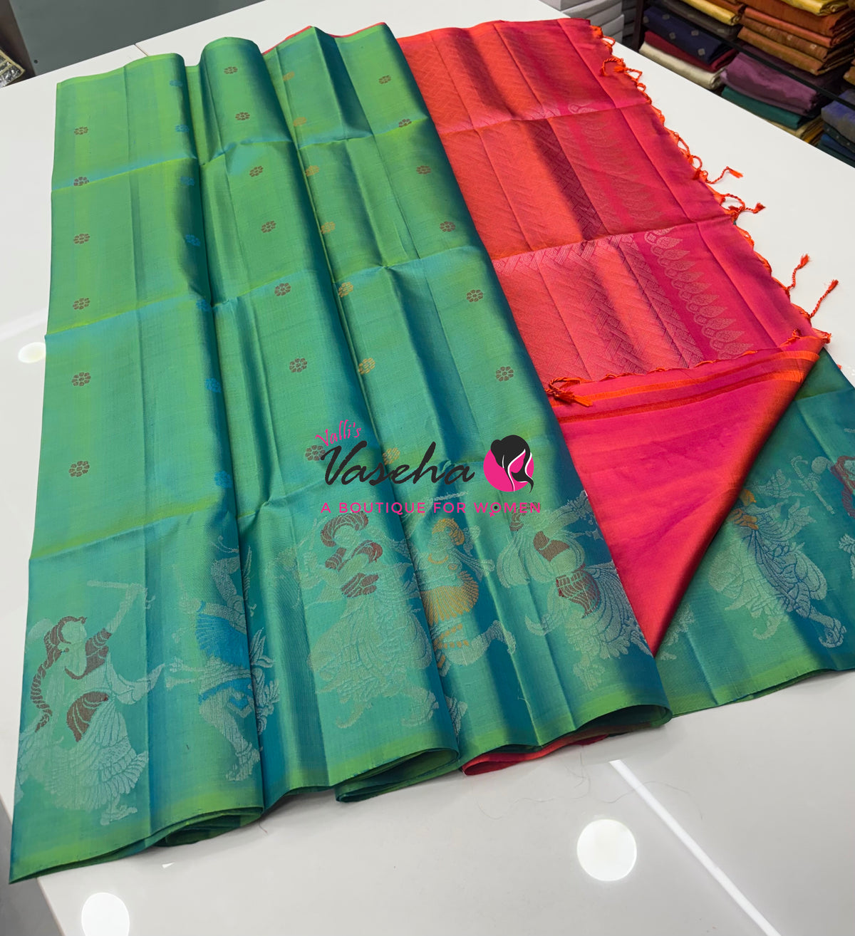 Pure Soft Silk Saree  - Dual Tone Green With Orange Peach Combo - VVPSS139