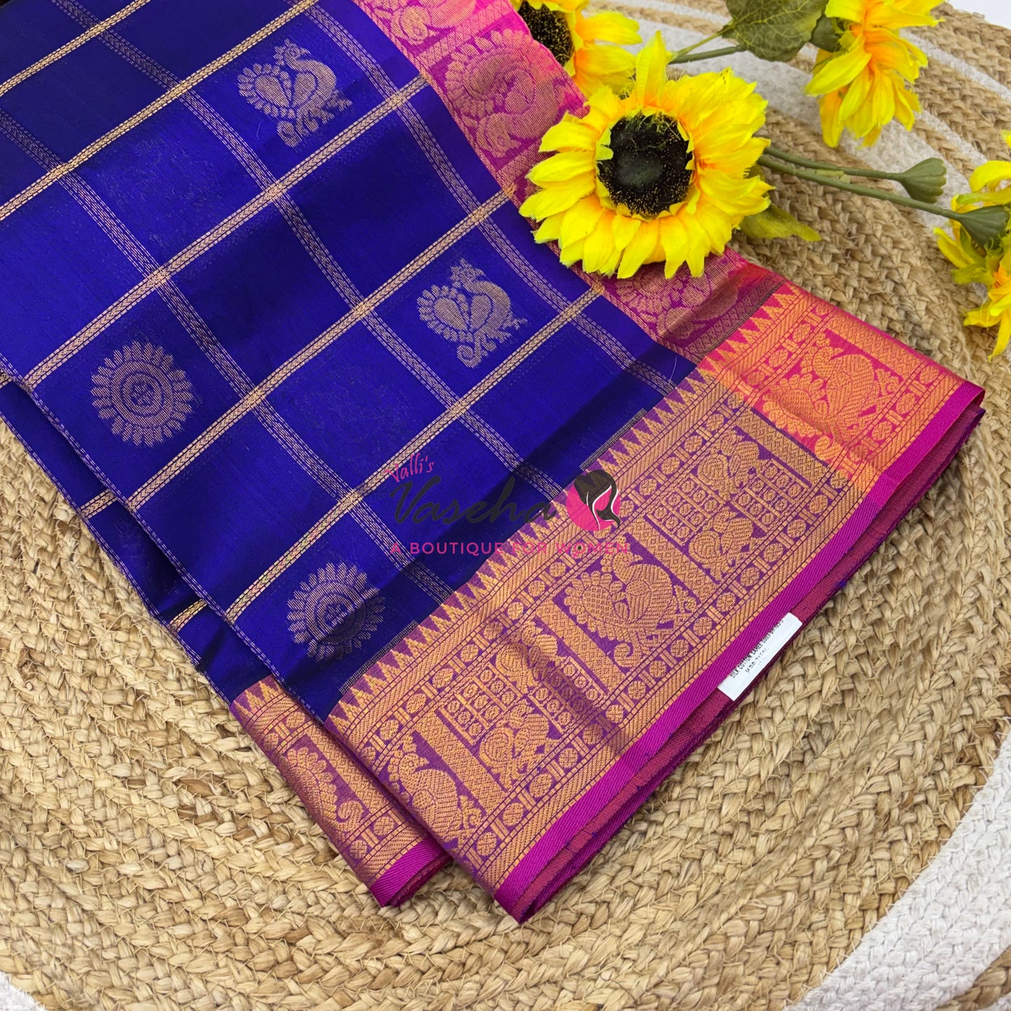 Pure Silk Cotton Saree - Mayil & Chakkaram Design - Blue With Pink Shade -VVMC003