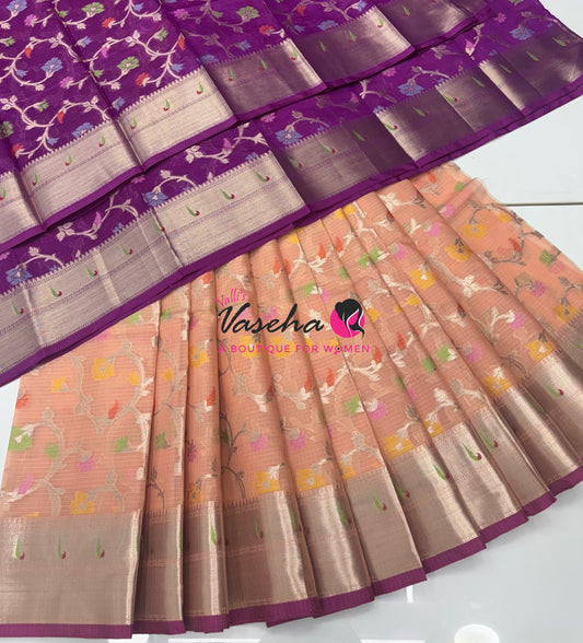 Unstitched - Lehenga Material - Zari Kota Tissue - Peach & Purple - VVULM003