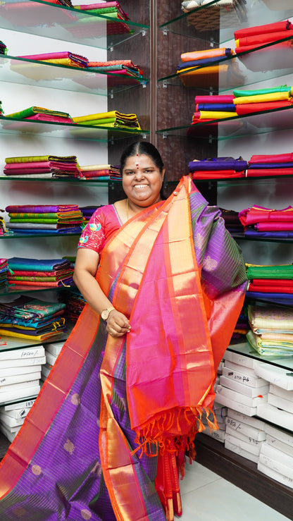 Pure Silk Cotton Saree - Mayil & Chakkaram Design - Purplish Blue with Peachish Pink Combo - VVMC002