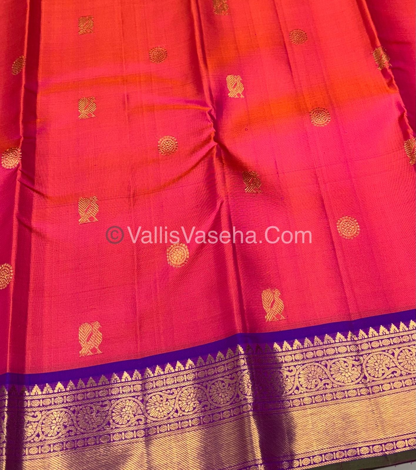 Pure Kanchipuram Silk Saree - Peachish Pink & Purple Shade  - VVPS022