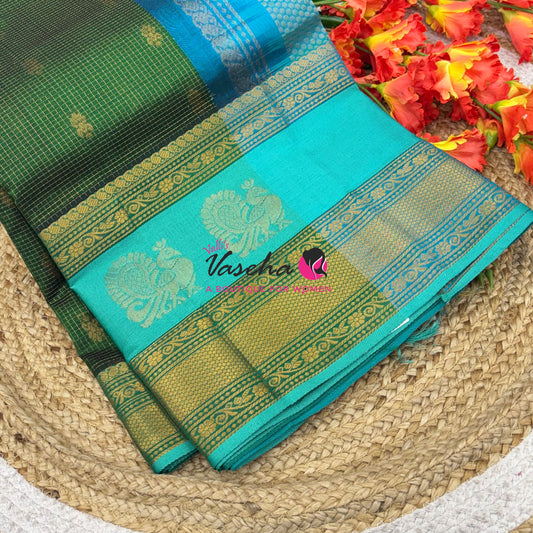 Pure Korvai Silk Cotton - Checks Pattern - Green  With Blue Shade  - VVKSC034