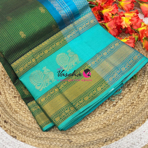Pure Korvai Silk Cotton - Checks Pattern - Green  With Blue Shade  - VVKSC034