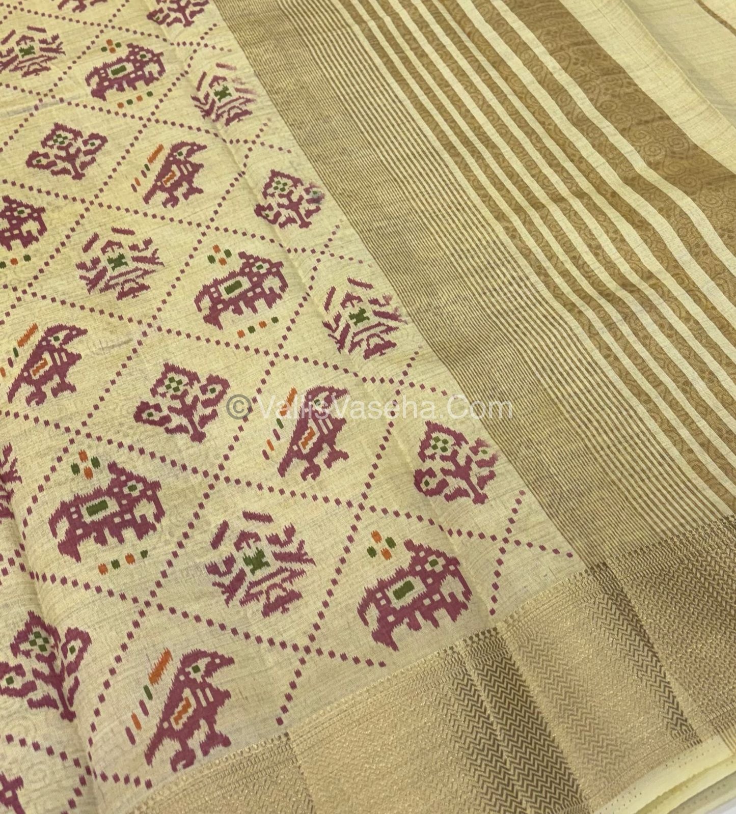 Semi Tussar Silk Saree - Ikkat / Pochampally Design - Cream Shade - VVSTS034