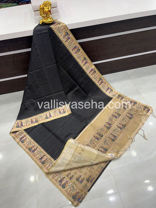 Semi Tussar Silk - Vairavoosi Design - Black & Cream Shade - VVSTS030