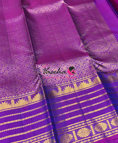 Pure Kanchipuram Silk Saree - Peacock Blue With Purplish Pink - VVPS098