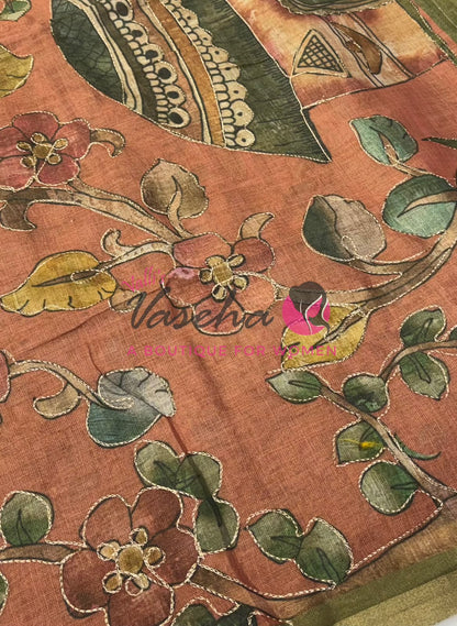 Linen Tissue Saree - Mirror Work Embroidery - Green With Light Orange Shade - VVLTS001