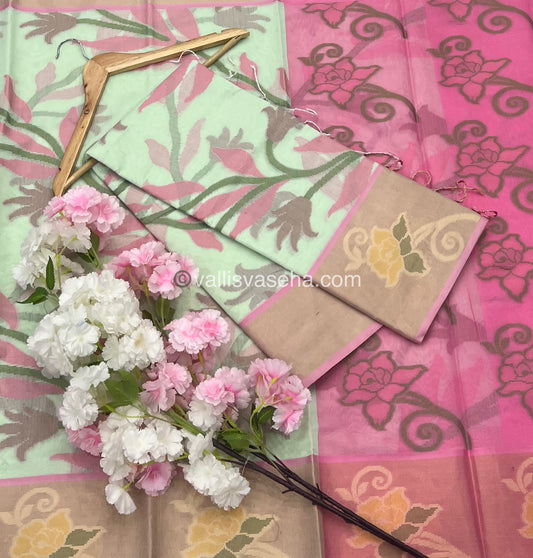 Banarasi Pochampally Weaving Semi Soft Cotton Saree - Pista Green with Pink - VVBPS001