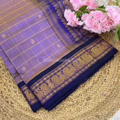 Pure Korvai Silk Cotton Saree - Light Lavender With Blue - VVKSC020