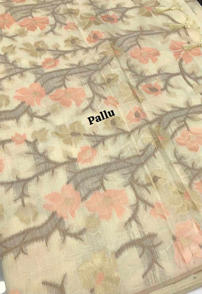 Semi Raw Silk with Jamdhani Design Weaving  - Cream Shade - VVRS001