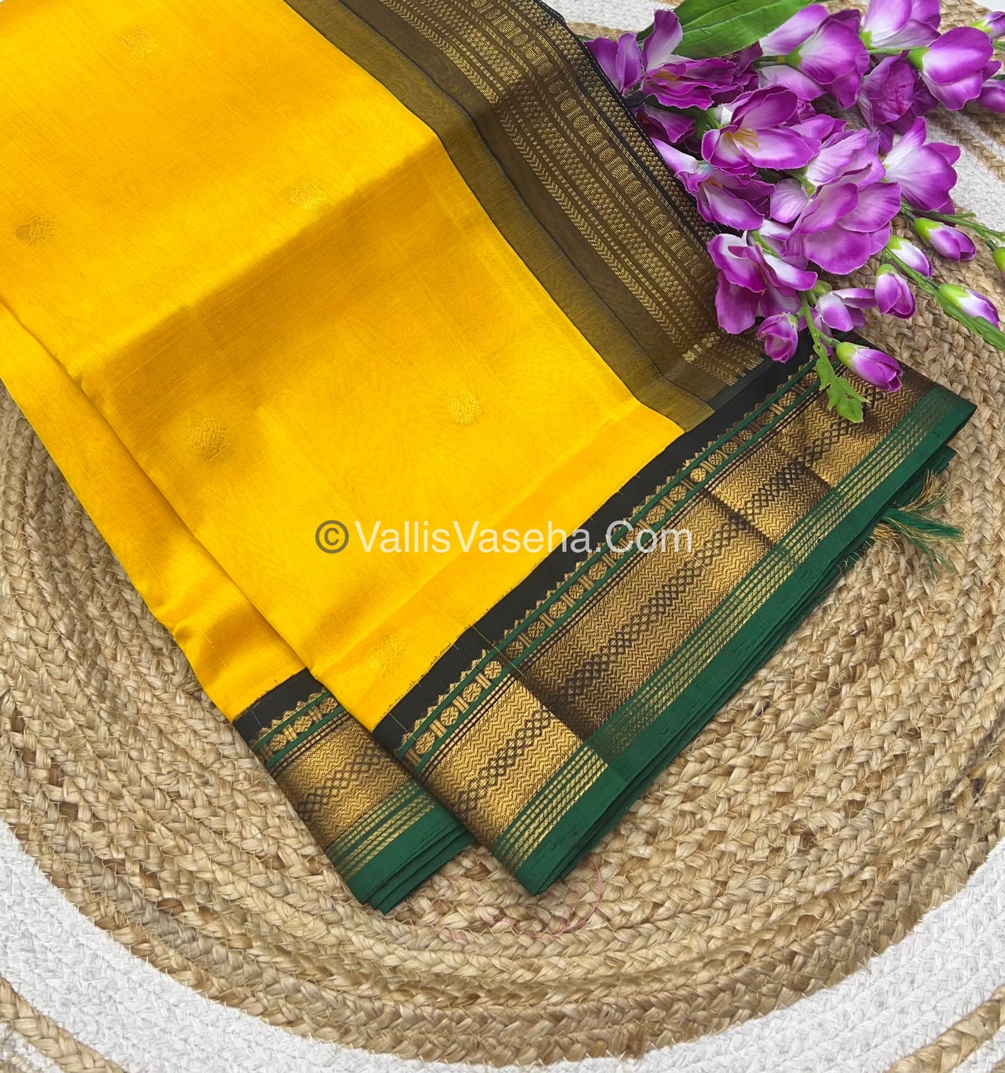 Pure Korvai Silk Cotton Saree - Yellow with Green & Black - VVKSC004