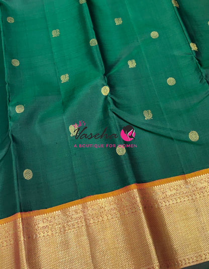 Pure Vintage Korvai Kanchipuram Silk Saree - Green With Mustard Yellow - VVPS046