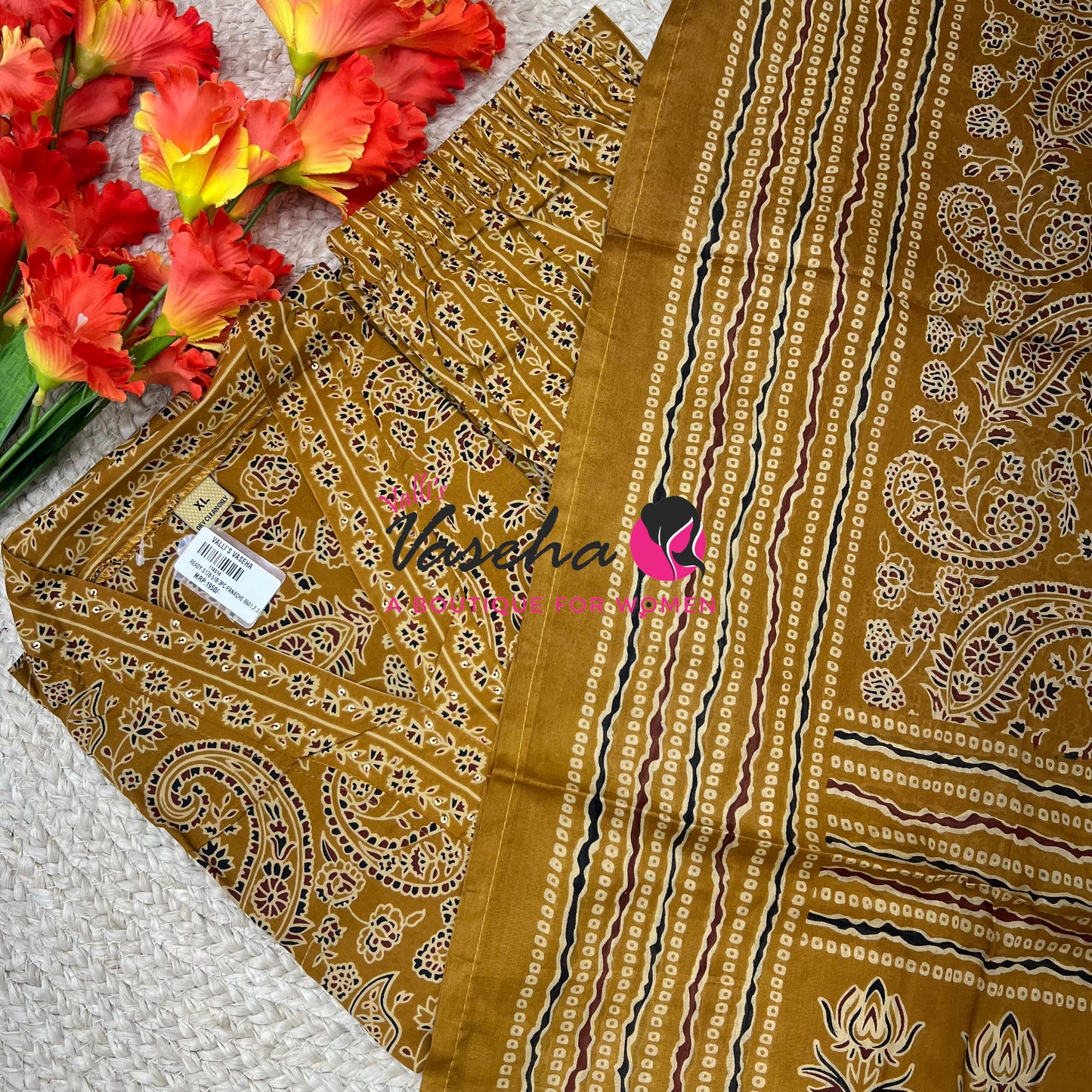 Ready Made | Anarkali - Ajrakh Print |Salwar, Kameez & Duppatta(3pc)|Cotton |Yellow - VVAS009