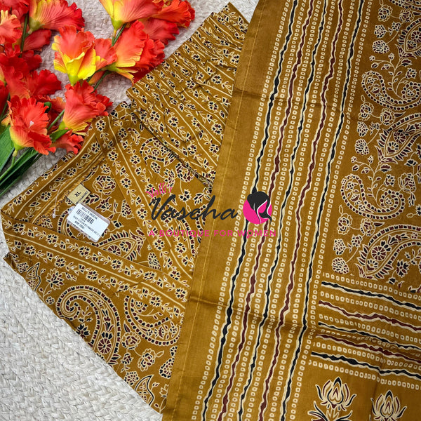 Ready Made | Anarkali - Ajrakh Print |Salwar, Kameez & Duppatta(3pc)|Cotton |Yellow - VVAS009