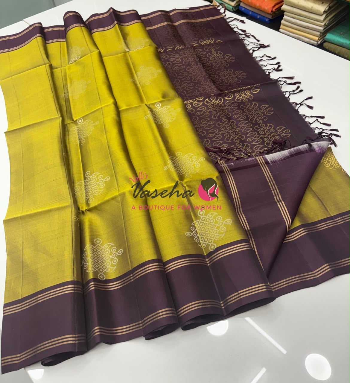 Pure Soft Silk Saree - (1.75 Warp) Kolam Design - Shade Of Lemon Green & Brown Shade - VVPSS074