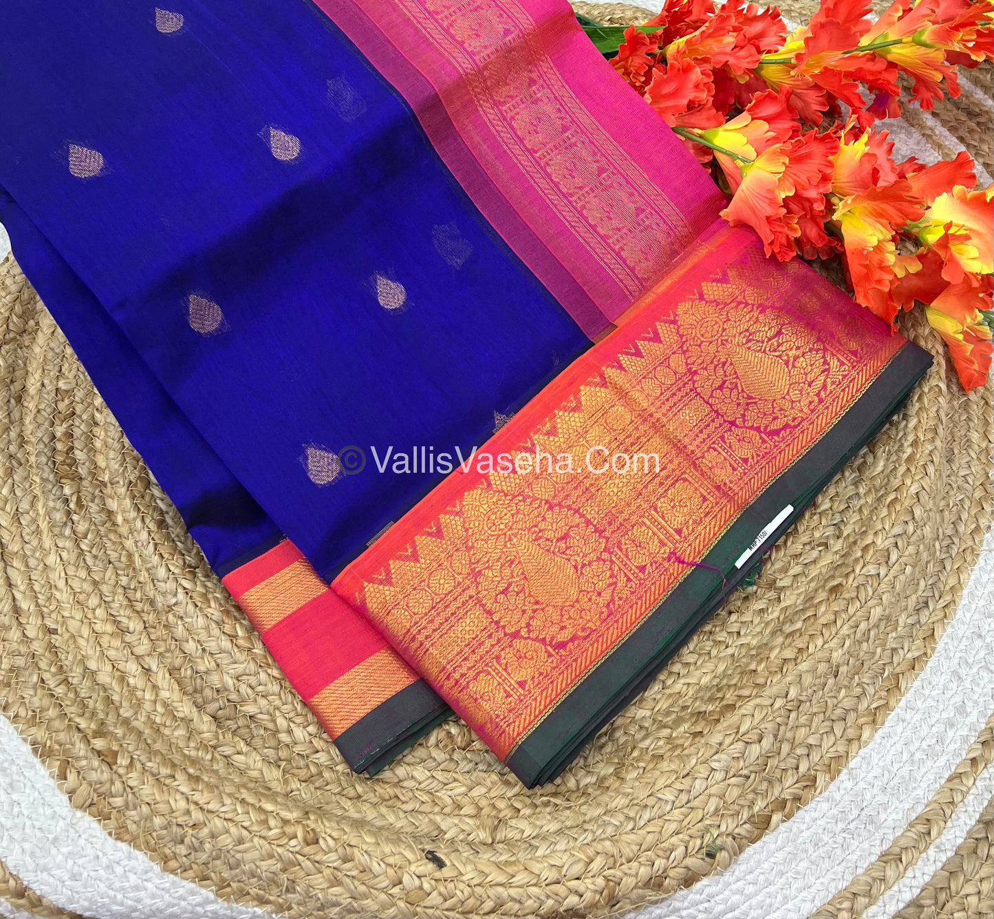 Pure Korvai Silk Cotton Saree - Blue with Peach - VVKSC019