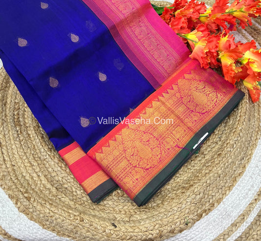 Pure Korvai Silk Cotton Saree - Blue with Peach - VVKSC019