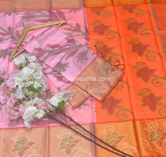 Banarasi Pochampally Weaving Semi Soft Cotton Saree - light Pink with Orange - VVBPS001