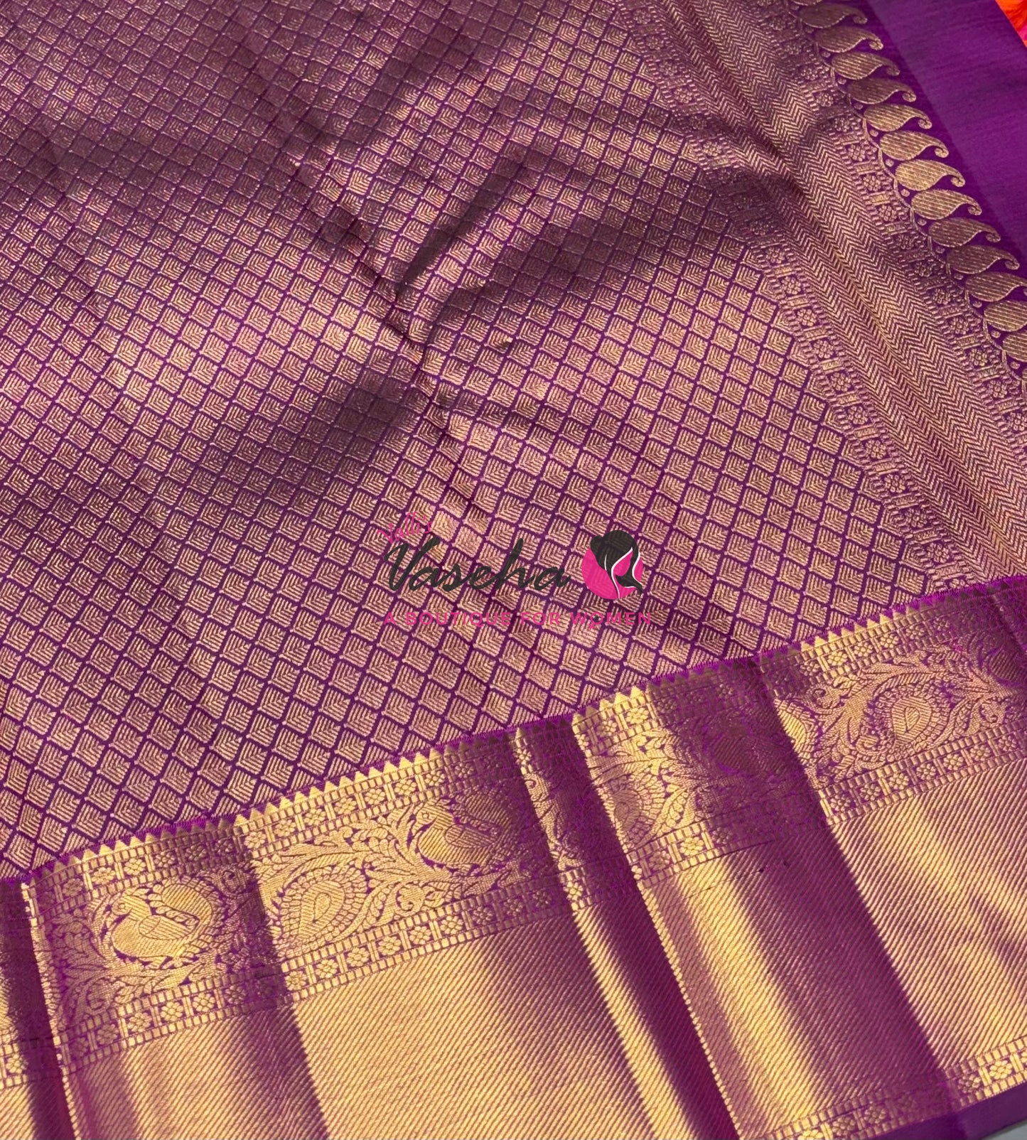Pure Kanchipuram Bridal Silk Saree - Embossed Design - Pink With Purple Combo - VVPS023