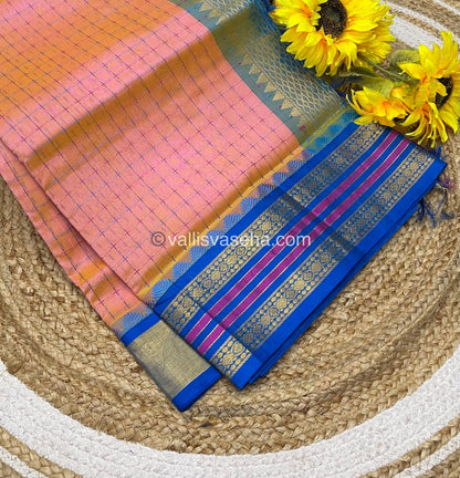 Pure Korvai Silk Cotton - Peach with Blue - VVKSC012