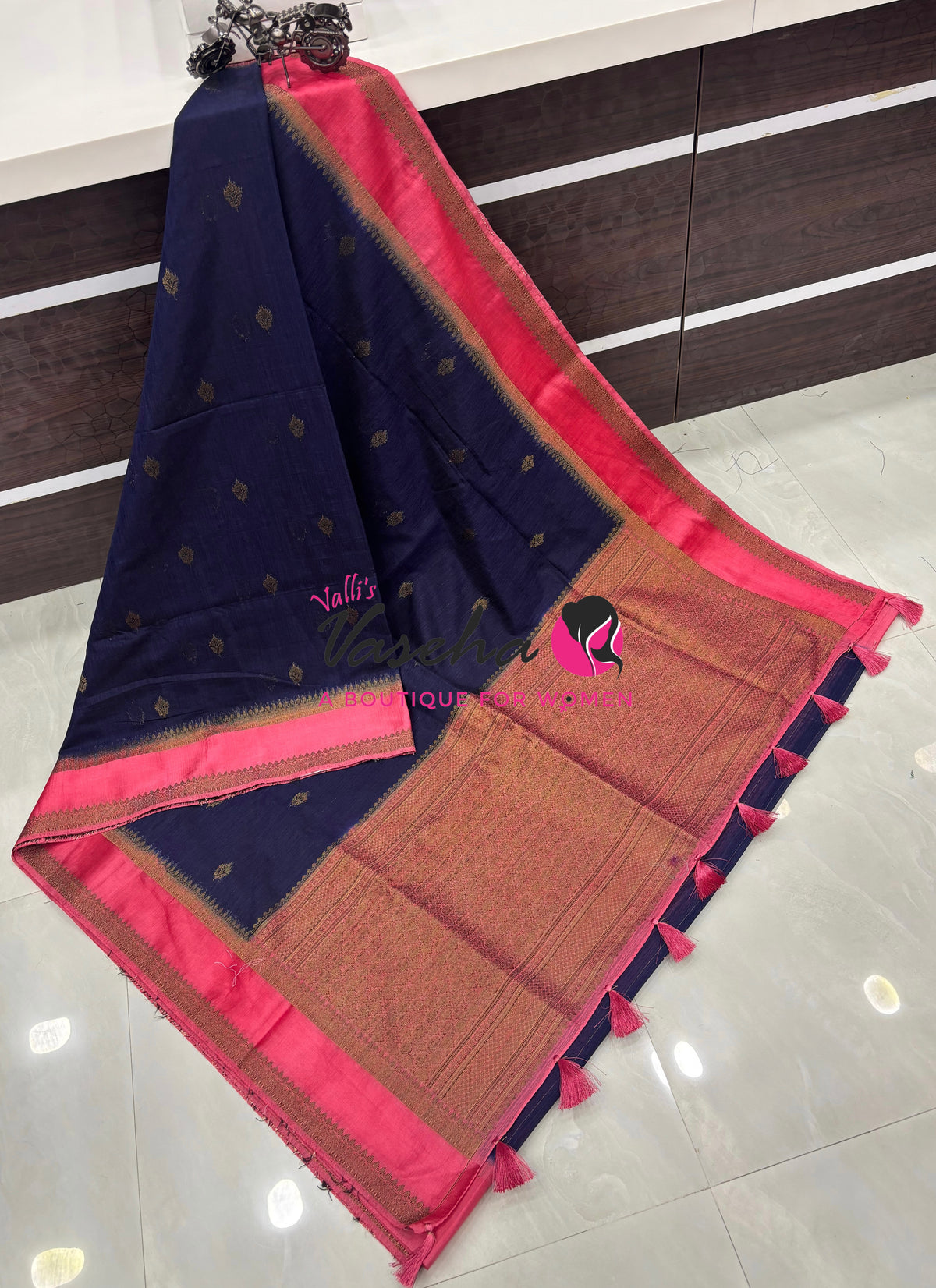Linen Jute Silk Saree - Navy Blue With Pink Shade - VVLJS001