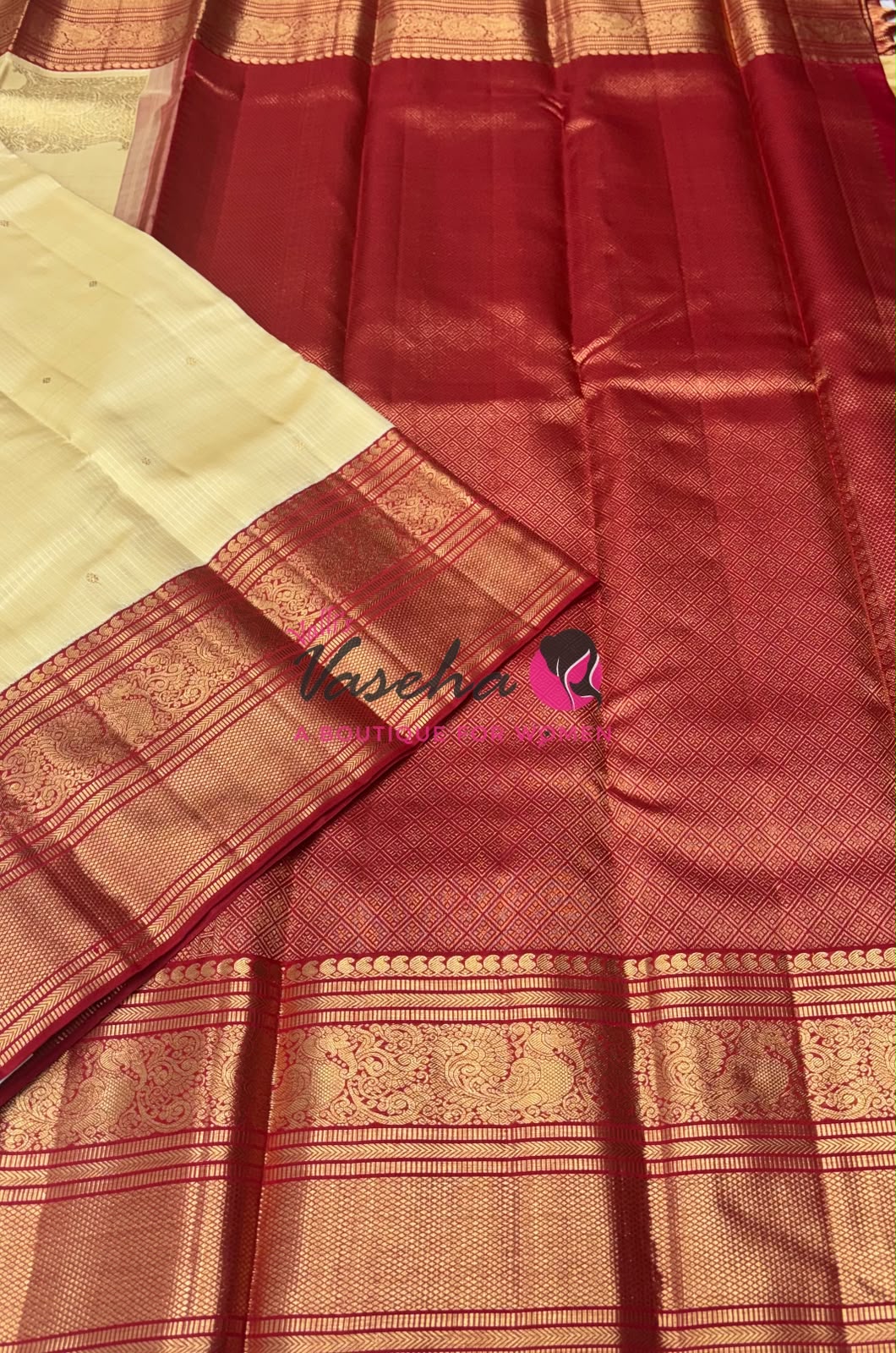 Pure Vintage Korvai Kanchipuram Silk Saree - Cream & Red Combo - VVPS049