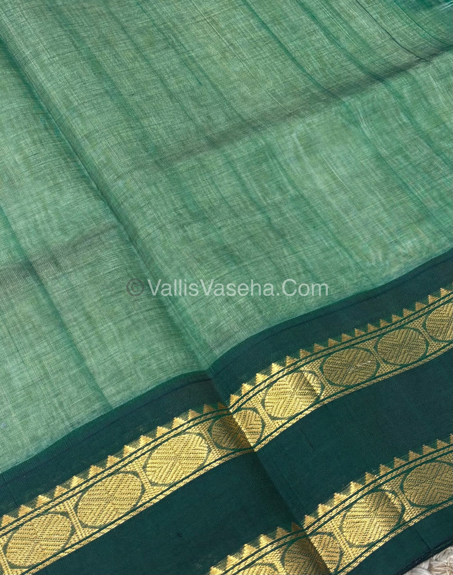 Pure Korvai Silk Cotton With Retta Petta Border - Checks pattern -  Green & Cream  - VVKSC013