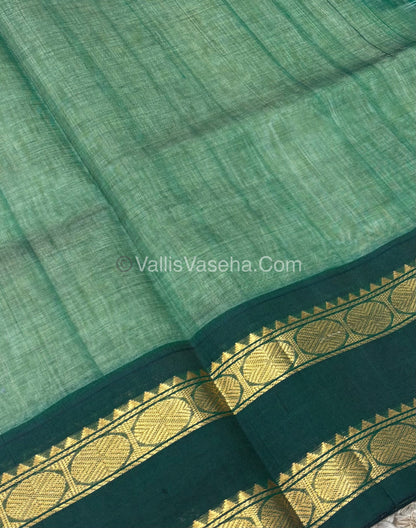 Pure Korvai Silk Cotton With Retta Petta Border - Checks pattern -  Green & Cream  - VVKSC013