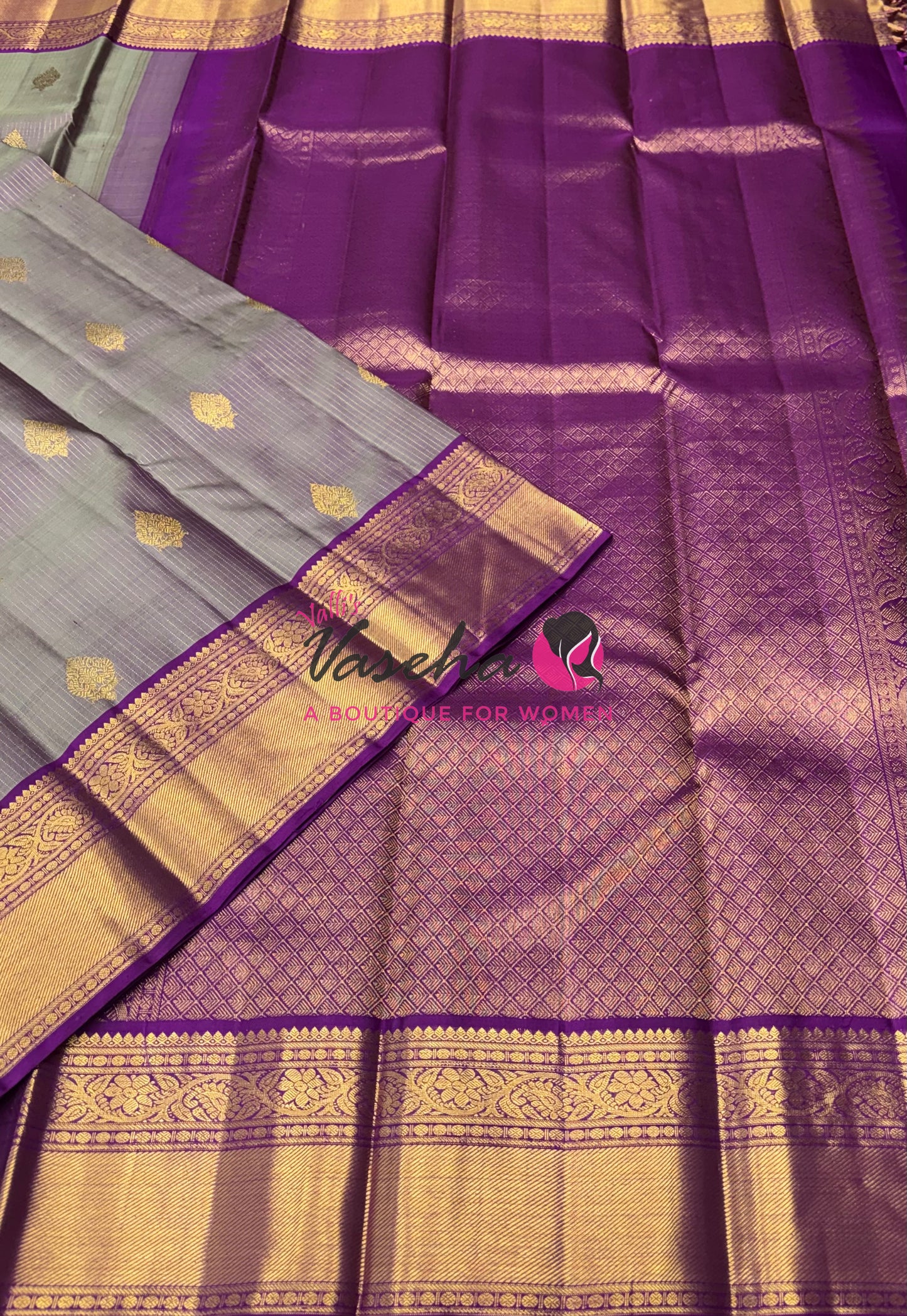 Pure Kanchipuram Silk Saree - Vairavoosi Design  - Dual Tone Grey & Purple Combo - VVPS059