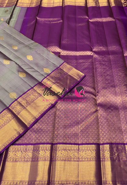 Pure Kanchipuram Silk Saree - Vairavoosi Design  - Dual Tone Grey & Purple Combo - VVPS059