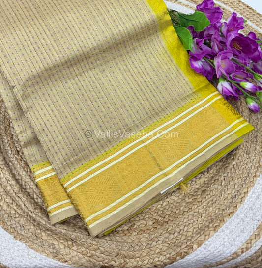 Pure Silk Cotton Saree - Cream With Lemon Yellow Shade - Lakshadeepam Design - VVPLD001