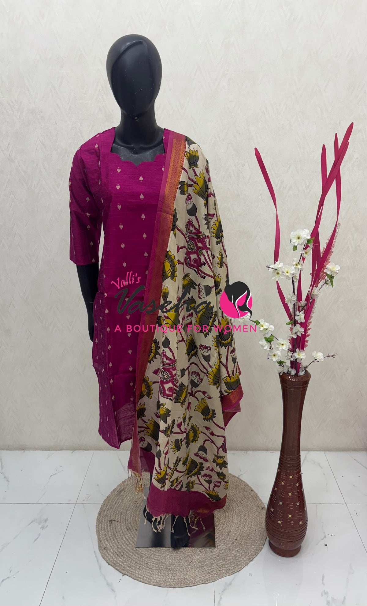 Ready Made - Semi Raw Silk Kurti with Chennur Silk Kalamkari Duppatta - 2pc Set - VVSRK002