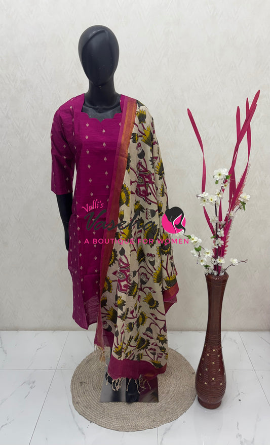 Ready Made - Semi Raw Silk Kurti with Chennur Silk Kalamkari Duppatta - 2pc Set - VVSRK002