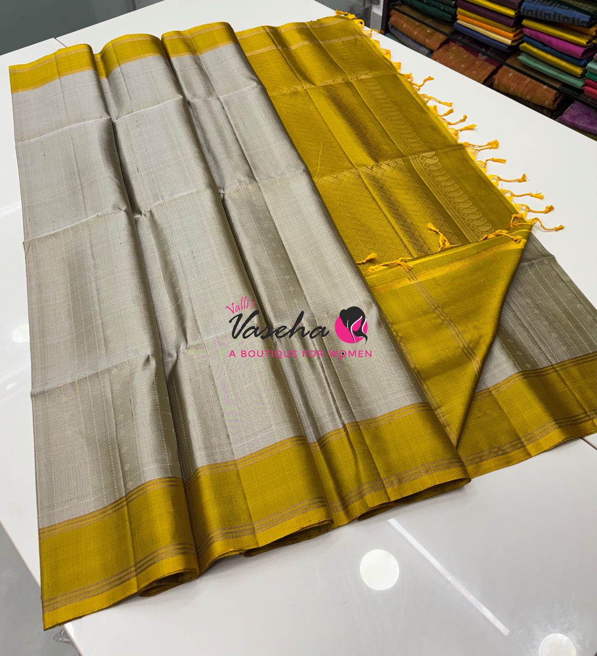Pure Soft Silk Saree  - Grey & Mustard Yellow Combo - VVPSS138