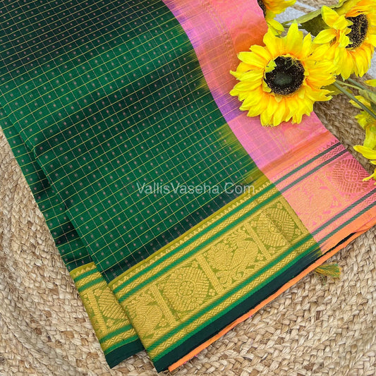 Pure Silk Cotton Saree - Green  With Peach Shade - Lakshadeepam Design - VVPLD001