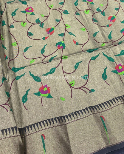 Semi Raw Silk - Paithani Design Weaving - Black Shade - VVRS005
